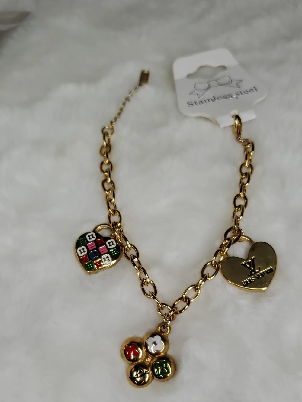 Gold Heart Charm Chain Bracelet  with Multicolor Accents
